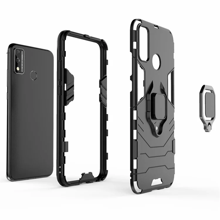 Ring Holder Kickstand Hybrid PC + TPU Combo Shell Case Per Honor 9x Lite - Nero