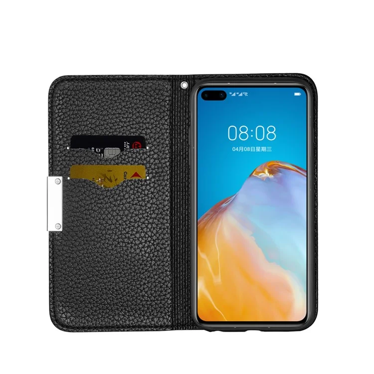 Litchi Skin Cubierta de Cuero Autoabsorbido Con Cáscara de Ranuras Para Tarjetas Para Huawei P40 Pro - Negro