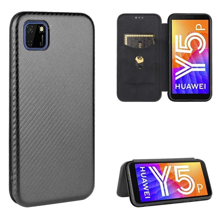 Auto-absorbed Carbon Fiber Leather Stand Mobile Phone Case for Huawei Y5p - Black