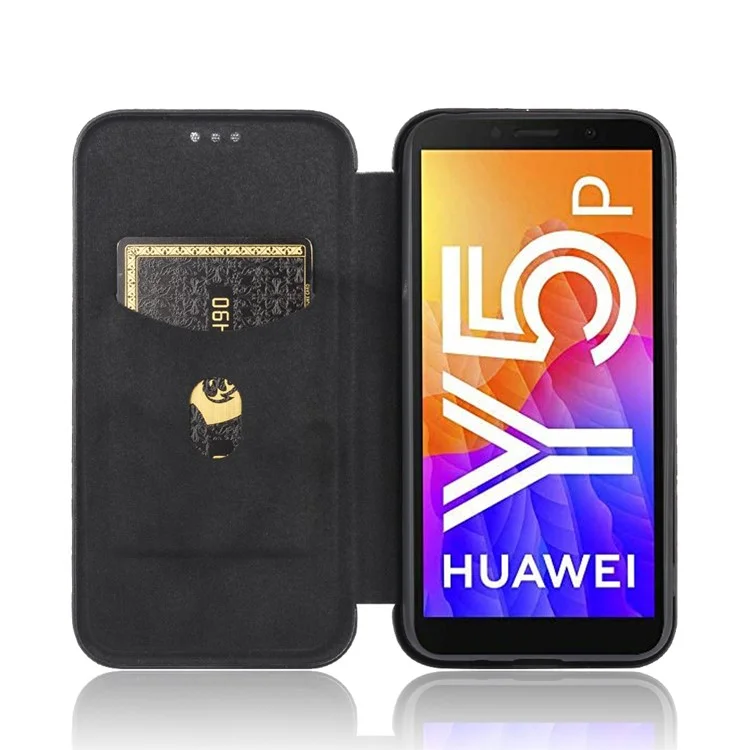 Custodia Per Telefono Cellulare in Pelle in Fibra di Carbonio Assorbito Automatico Per Huawei Y5p - Nero