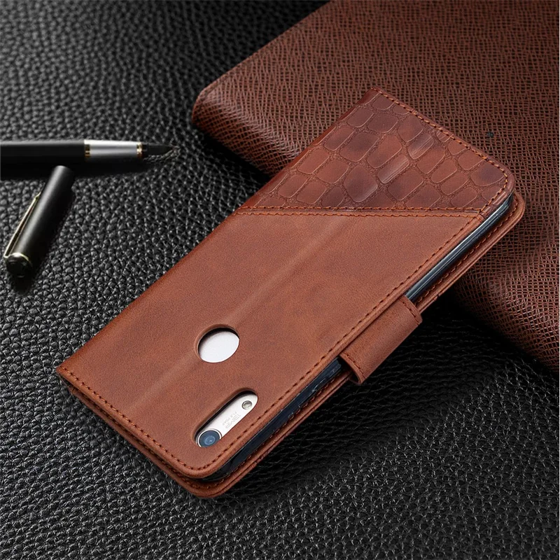 Crocodile Texture Assorted Color Leather Shell Wallet Phone Case for Huawei Y6/Honor 8A - Brown