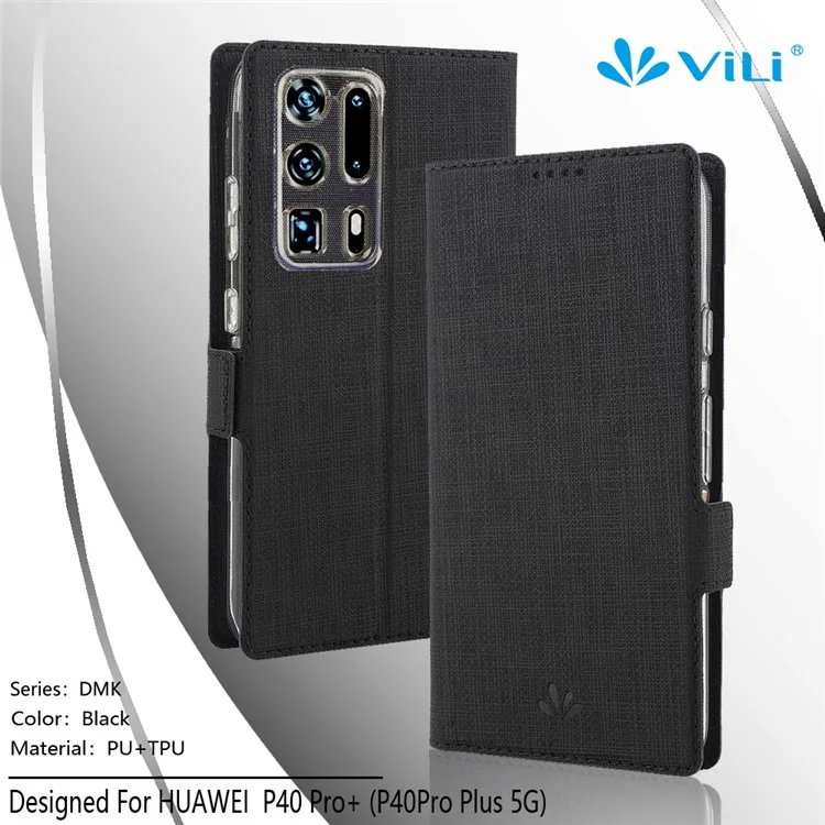 VILI DMK Cross Texture Double Magnetic Clasp Leather Wallet Stand Case for Huawei P40 Pro Plus - Black