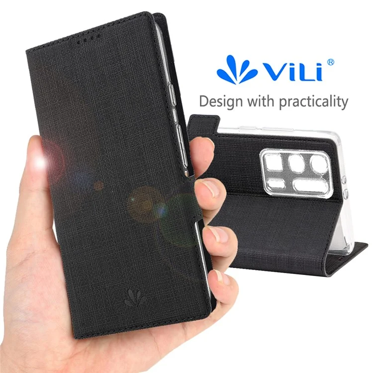 VILI DMK Cross Texture Double Magnetic Clasp Leather Wallet Stand Case for Huawei P40 Pro Plus - Black