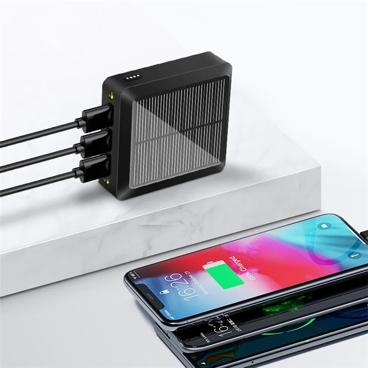 Batterie Externe Solaire 10000mAh 3 Ports USB avec Type-C + Entrée Micro USB Double - Noir