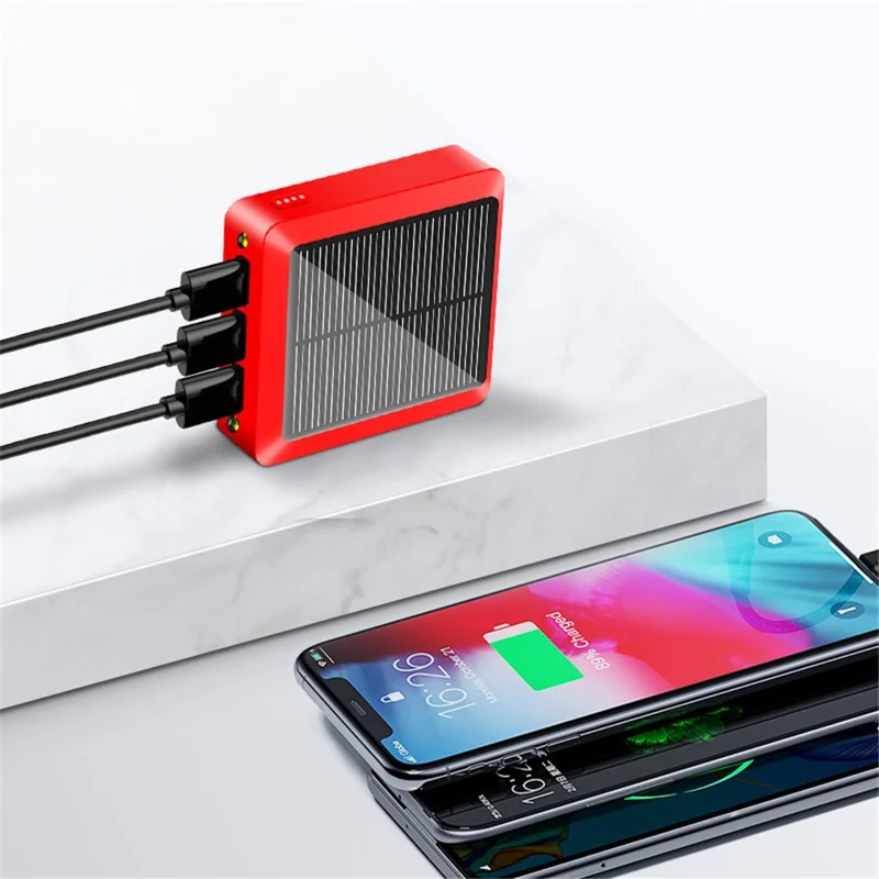 10000mAh 3 USB Ports Mini Solar Power Bank with Type-C + Micro USB Dual Input - Red