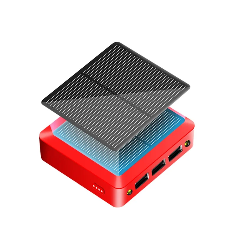 10000mAh 3 USB Ports Mini Solar Power Bank with Type-C + Micro USB Dual Input - Red