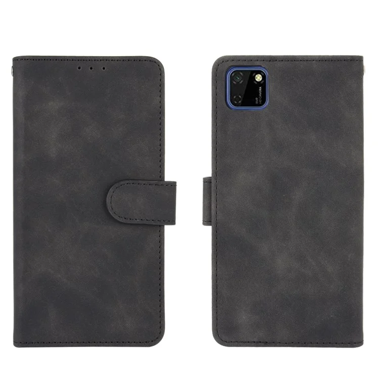 Skin-touch Wallet Stand Leather Phone Cover Case for Huawei Y5p - Black