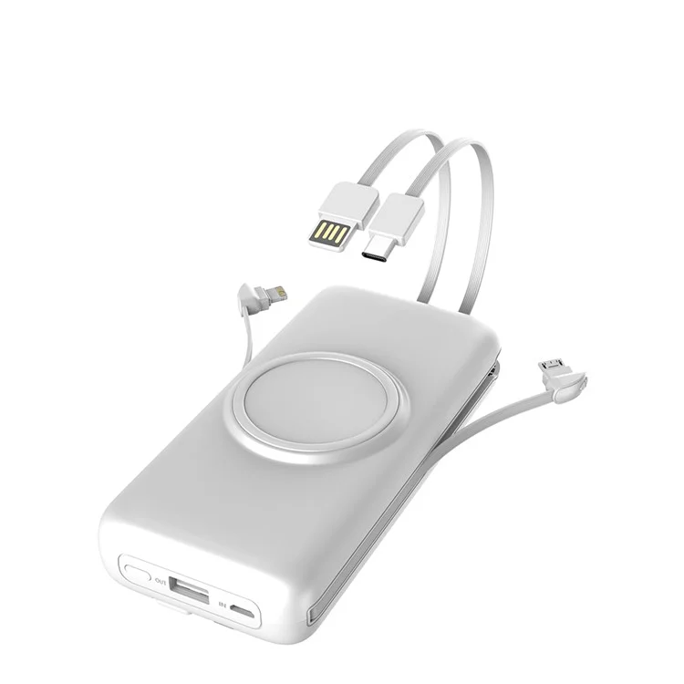 CYKE P1 Plus 20000mAh Bateria Externa Portátil Carregador Sem Fio Banco de Energia Construído com 4 Cabos (Lightning/Type-C/Micro/USB) - Branco