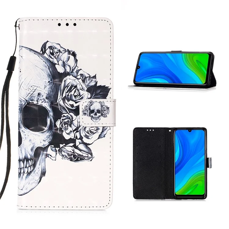 Pattern Printing Light Spot Decor Wallet Flip Leather Shell with Lanyard for Huawei P Smart 2020 - Skull and Flowers