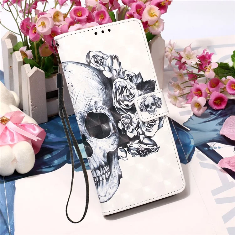 Pattern Printing Light Spot Decor Wallet Flip Leather Shell with Lanyard for Huawei P Smart 2020 - Skull and Flowers