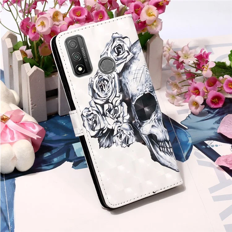 Pattern Printing Light Spot Decor Wallet Flip Leather Shell with Lanyard for Huawei P Smart 2020 - Skull and Flowers