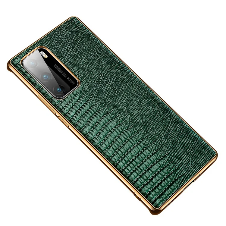 Lizard Texture Plating Genuine Leather Coated PC+TPU Phone Shell for Huawei P40 - Green