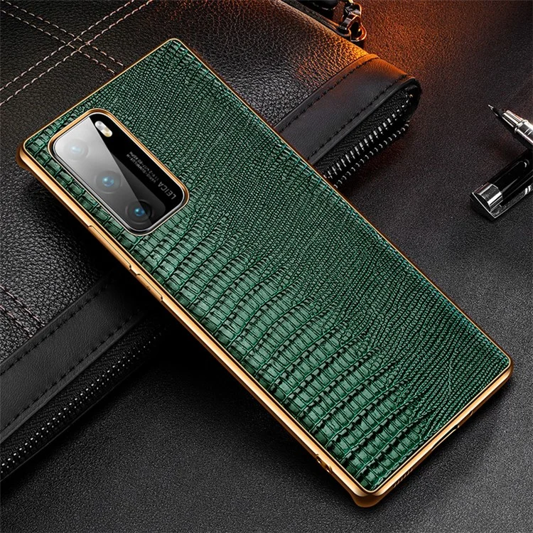 Lizard Texture Plating Genuine Leather Coated PC+TPU Phone Shell for Huawei P40 - Green