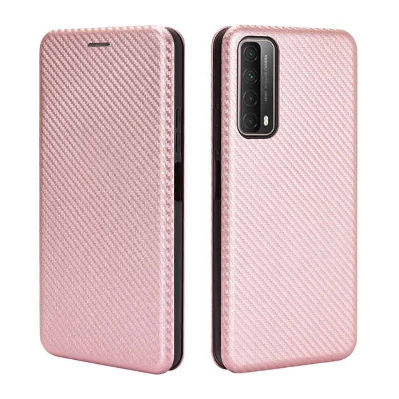 Auto-absorbed Carbon Fiber Texture Shell for Huawei P smart 2021/Y7a Stand Leather Case - Pink