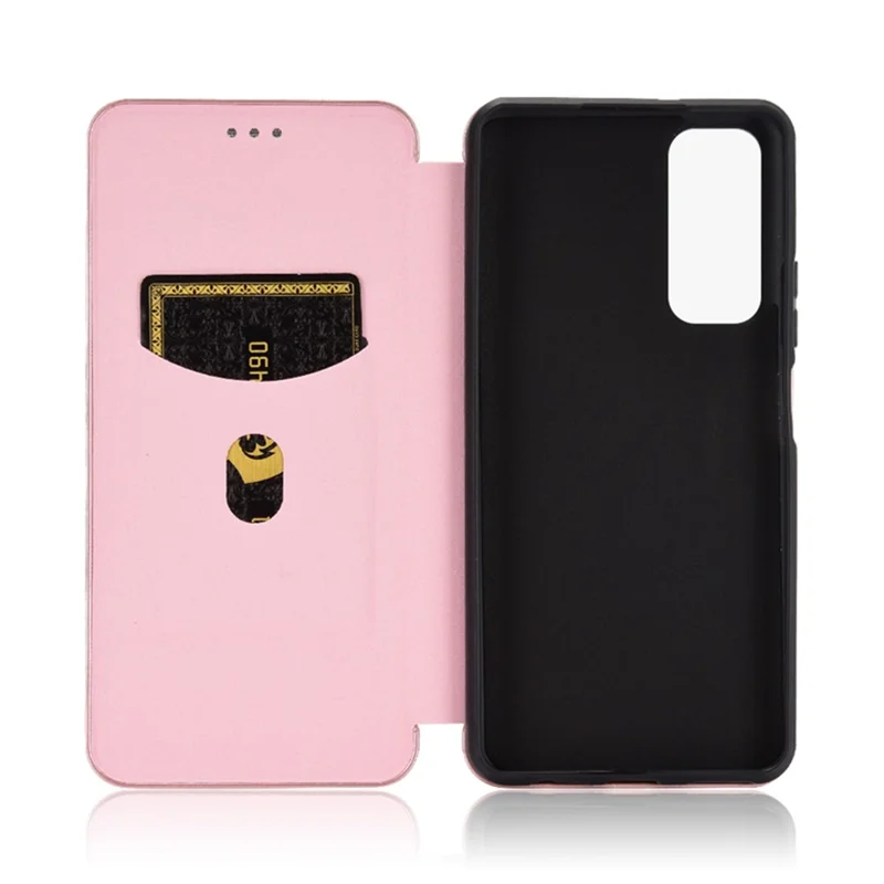 Auto-absorbed Carbon Fiber Texture Shell for Huawei P smart 2021/Y7a Stand Leather Case - Pink