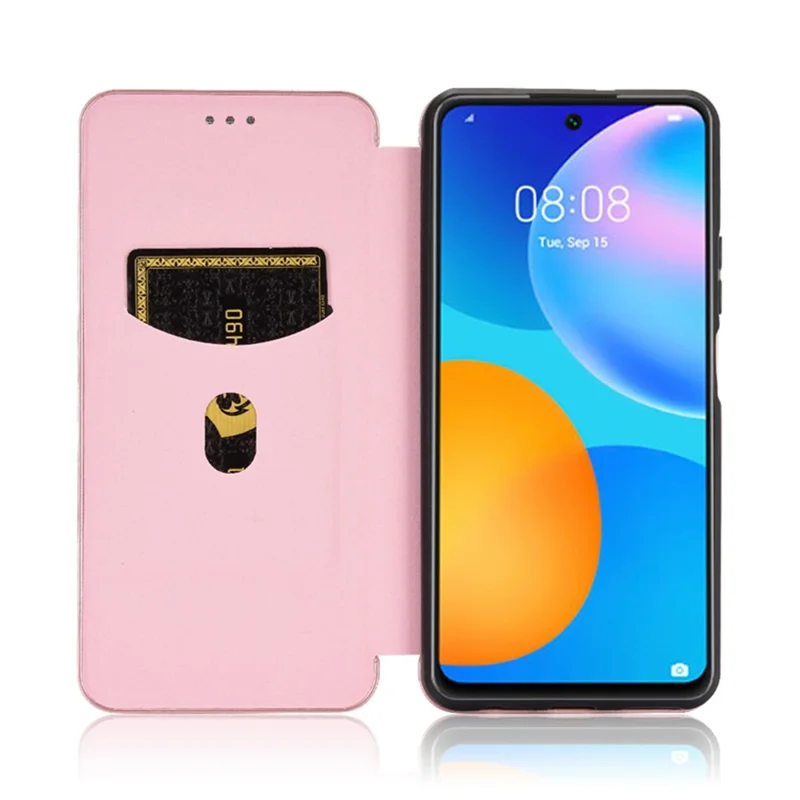 Auto-absorbed Carbon Fiber Texture Shell for Huawei P smart 2021/Y7a Stand Leather Case - Pink