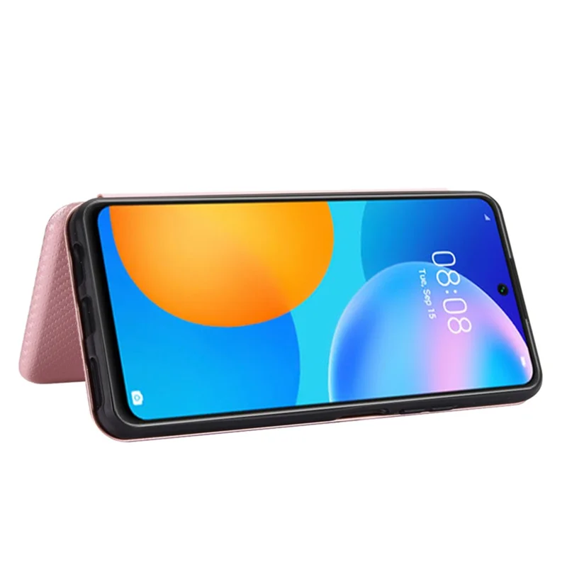 Auto-absorbed Carbon Fiber Texture Shell for Huawei P smart 2021/Y7a Stand Leather Case - Pink