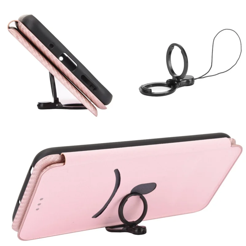 Auto-absorbed Carbon Fiber Texture Shell for Huawei P smart 2021/Y7a Stand Leather Case - Pink