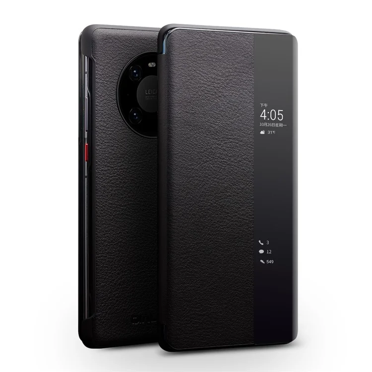 QIALINO Pour Huawei Mate 40 Pro Smart Visual Fenêtre Véritable Coffre De Téléphone En Cuir Véritable Avec Réveil Automatique / Sommeil - Noir