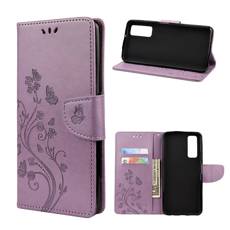 Case de Cuero de Impresión de Flores de Mariposa Con Correa Para Huawei P Smart 2021 / Y7a - Púrpura Ligera