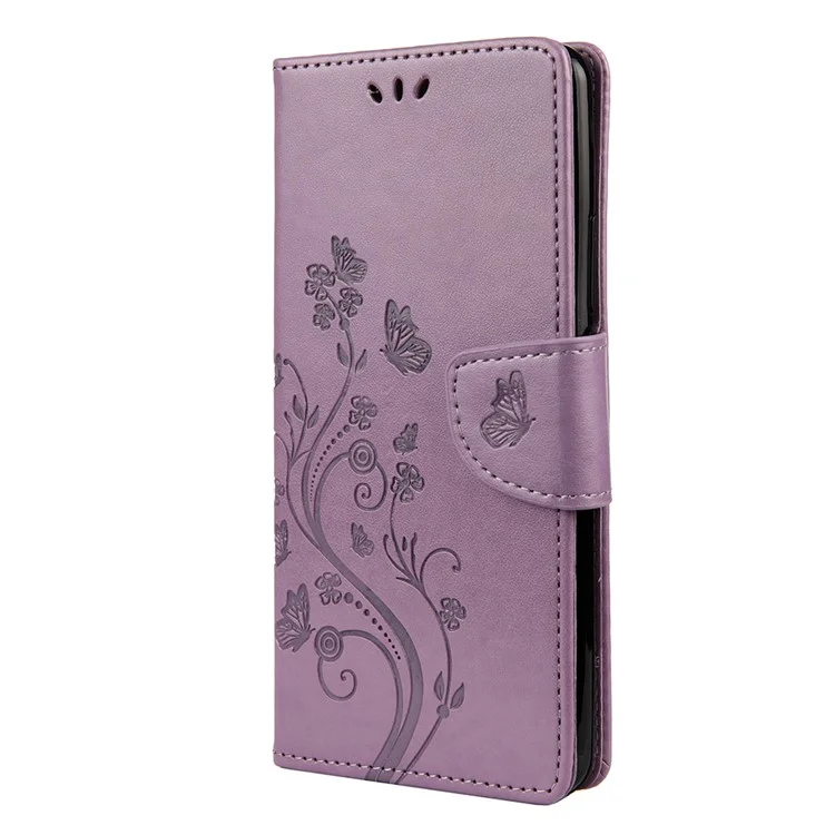 Butterfly Flower Imprinting Leather Case with Strap for Huawei P smart 2021 / Y7a - Light Purple