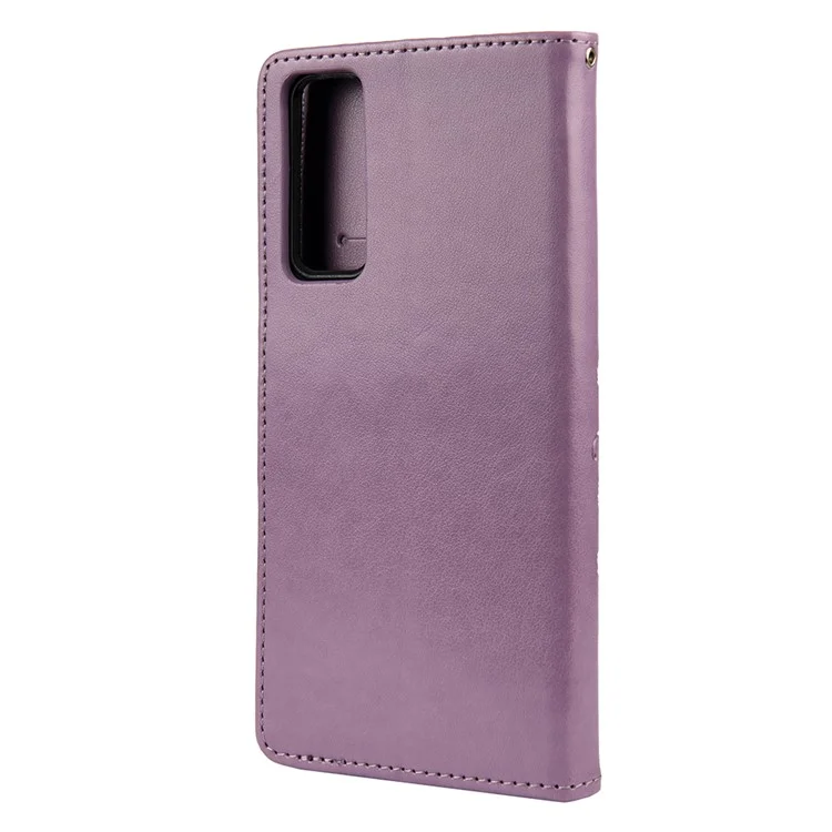 Case de Cuero de Impresión de Flores de Mariposa Con Correa Para Huawei P Smart 2021 / Y7a - Púrpura Ligera