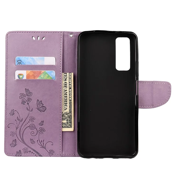 Butterfly Flower Imprinting Leather Case with Strap for Huawei P smart 2021 / Y7a - Light Purple