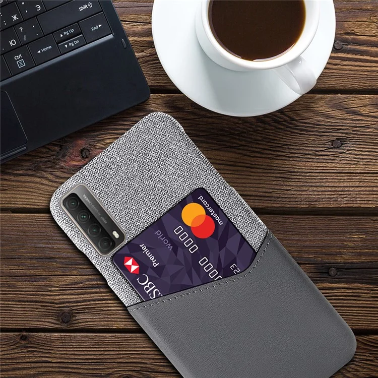 KSQ Cloth Texture PU Leather Coated Card Holder PC Back Cover for Huawei P smart 2021/Y7a - Grey