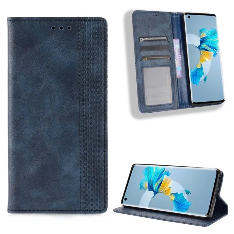 Magnetic Vintage Style Phone Case Wallet Stand Leather Cover for Huawei Mate 40 Pro - Blue