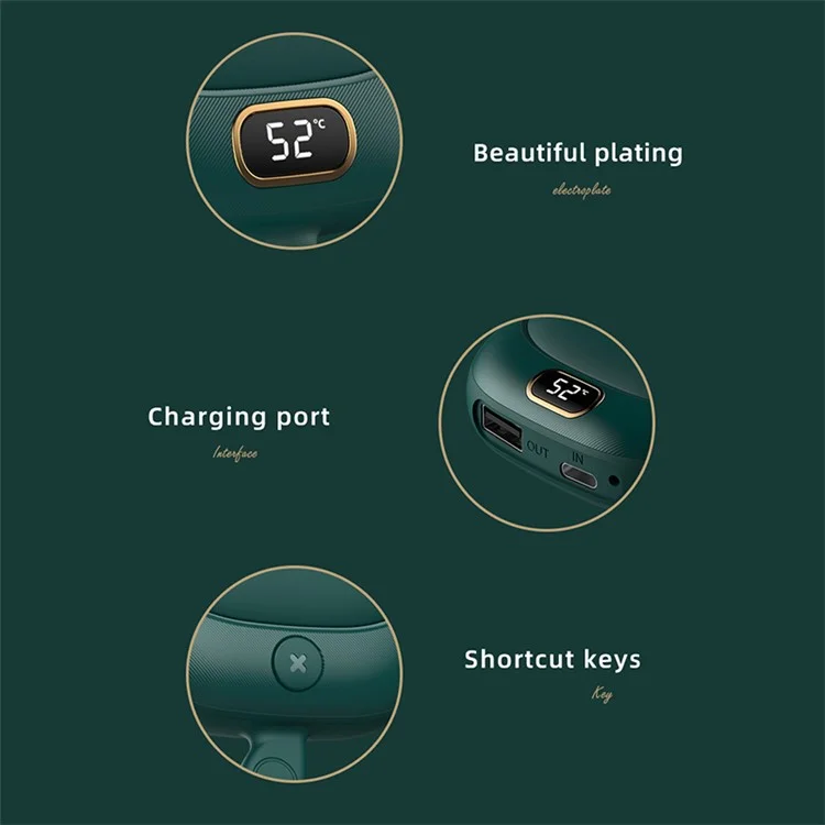 2-in-1 Intelligent Digital Display 2 Gears Temperature Control Hand Warmer 10000mAh Battery Portable Power Bank - Green