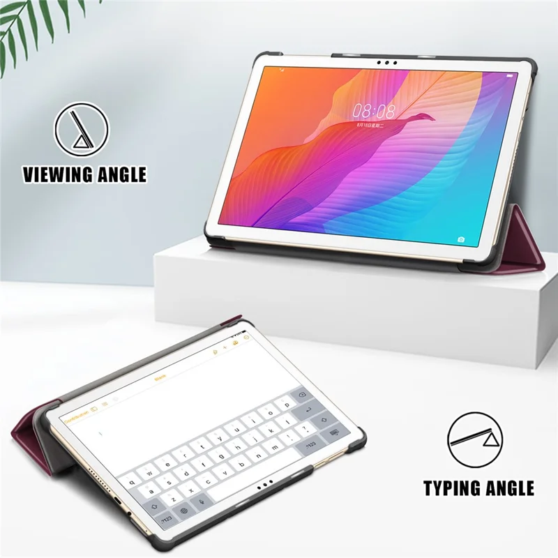 Tri-fold Flexible-Angle Stand Wake/Sleep Leather Smart Case for Huawei MatePad T 10S/T 10 /Enjoy Tablet 2 - Wine Red