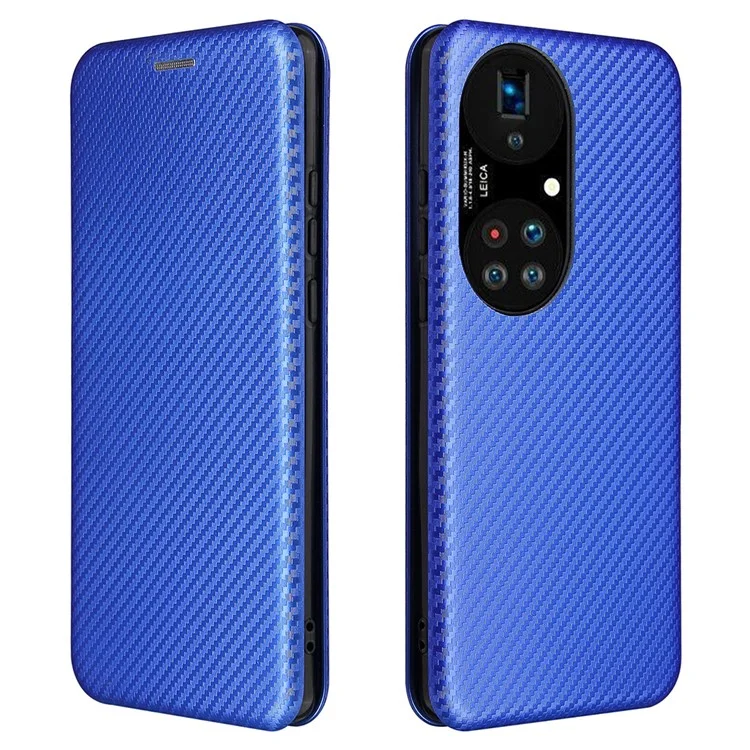 Pour Huawei P50 Pro Housse en cuir auto-absorbée Texture fibre de carbone, avec dragonne de support amovible - Bleu