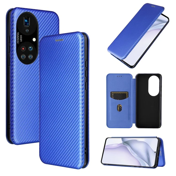 Pour Huawei P50 Pro Housse en cuir auto-absorbée Texture fibre de carbone, avec dragonne de support amovible - Bleu