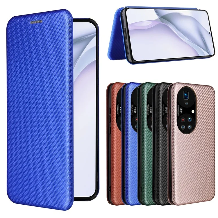 Pour Huawei P50 Pro Housse en cuir auto-absorbée Texture fibre de carbone, avec dragonne de support amovible - Bleu