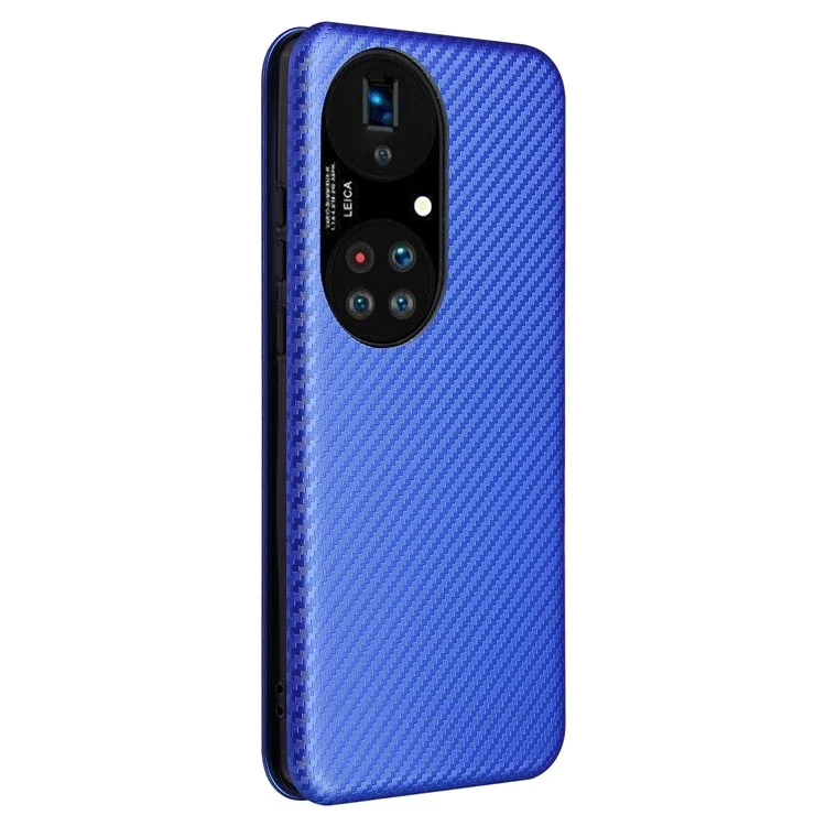 Pour Huawei P50 Pro Housse en cuir auto-absorbée Texture fibre de carbone, avec dragonne de support amovible - Bleu