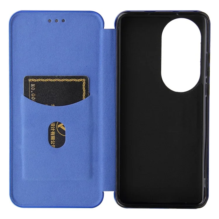 Pour Huawei P50 Pro Housse en cuir auto-absorbée Texture fibre de carbone, avec dragonne de support amovible - Bleu