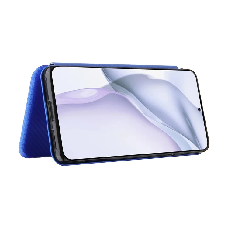 Pour Huawei P50 Pro Housse en cuir auto-absorbée Texture fibre de carbone, avec dragonne de support amovible - Bleu