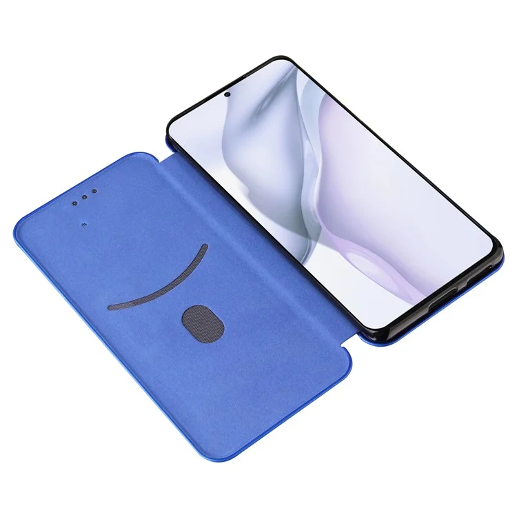 Pour Huawei P50 Pro Housse en cuir auto-absorbée Texture fibre de carbone, avec dragonne de support amovible - Bleu