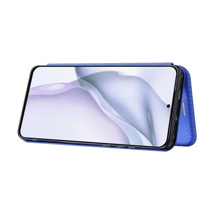 Pour Huawei P50 Pro Housse en cuir auto-absorbée Texture fibre de carbone, avec dragonne de support amovible - Bleu