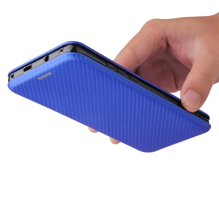 Pour Huawei P50 Pro Housse en cuir auto-absorbée Texture fibre de carbone, avec dragonne de support amovible - Bleu