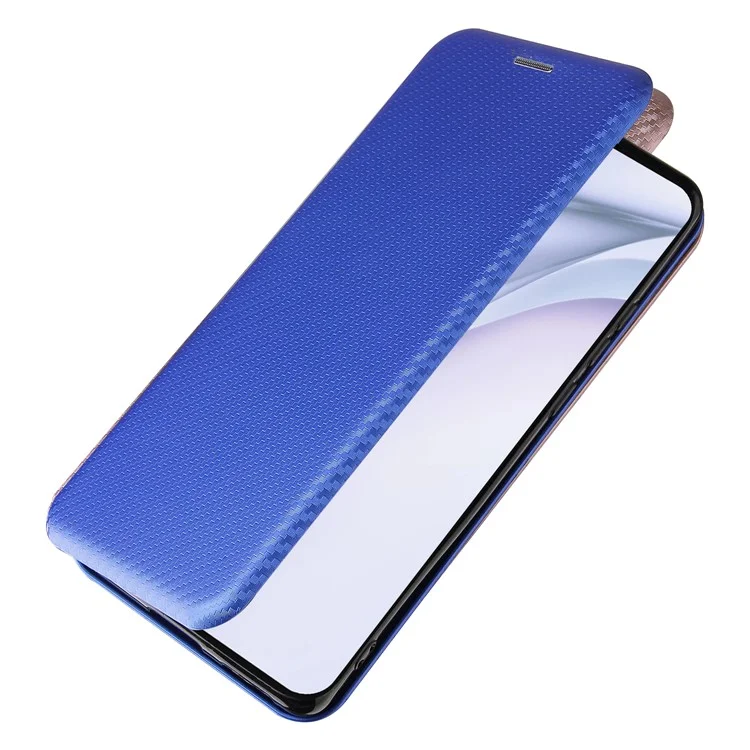 Pour Huawei P50 Pro Housse en cuir auto-absorbée Texture fibre de carbone, avec dragonne de support amovible - Bleu