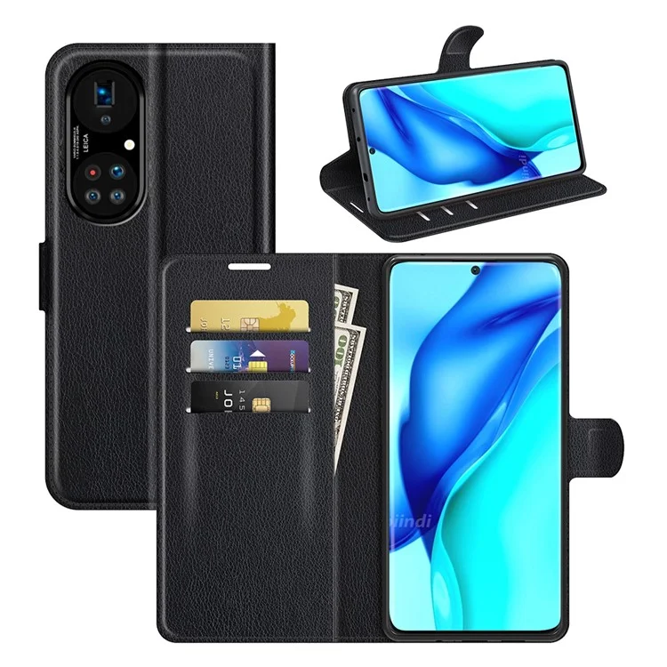 Litchi Skin Leather Wallet Stand Case for Huawei P50 Pro - Black