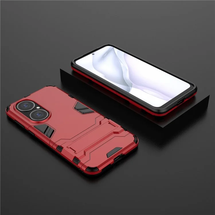 2 in 1 Full Protection Hybrid Phone Protector Cover Case with Kickstand Design for Huawei P50 - Red