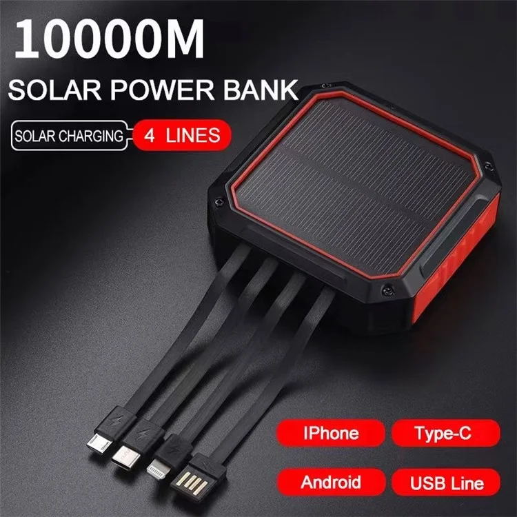 DS516 4 em 1 Banco de Energia Solar 10000mAh Carregador Portátil Powerbank de Bateria Externo Para Xiaomi Iphone - Preto / Laranja