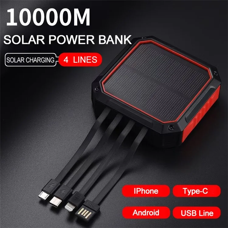 DS516 4 em 1 Banco de Energia Solar 10000mAh Carregador Portátil Powerbank de Bateria Externo Para Xiaomi Iphone - Preto / Laranja