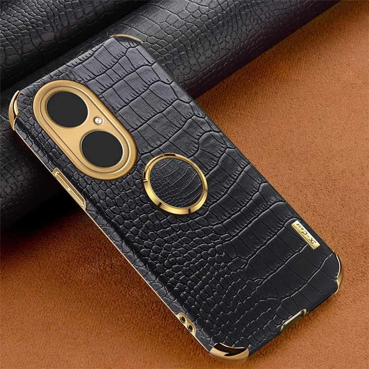 Textura de Crocodilo Eletroplatada PU Couro+tpu Tampa Precisa de Recorte Com Suporte Para Anel Para Huawei P50 Pro - Preto