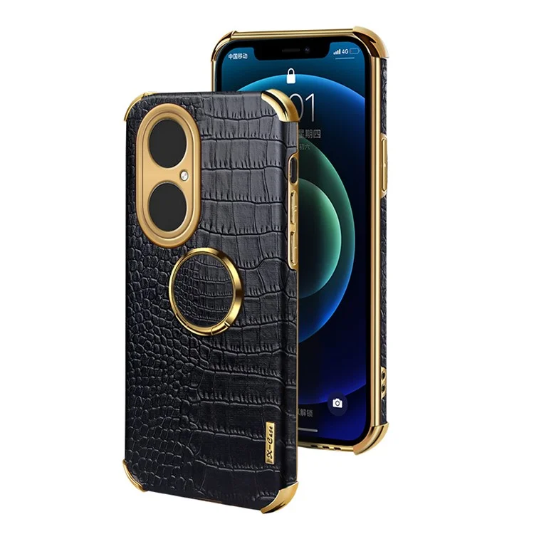 Electroplate Crocodile Texture Cuir PU + Tpu Couvercle de Téléphone Découpé Précis Avec Porte-bague Pour Huawei P50 Pro - le Noir