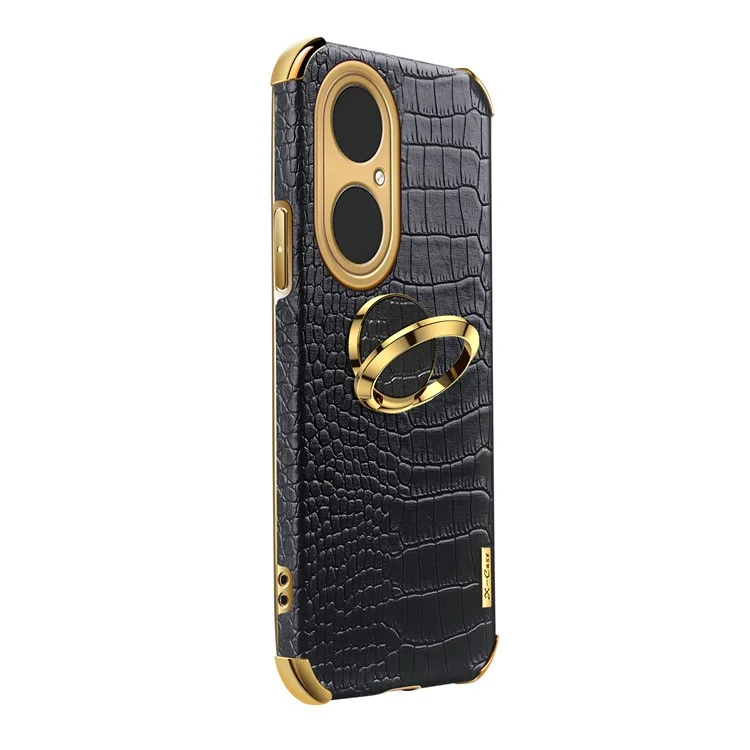 Electroplating Crocodile Texture PU Leather+TPU Cubierta de Teléfono de Corte Preciso Con Soporte de Anillo Para Huawei P50 Pro - Negro