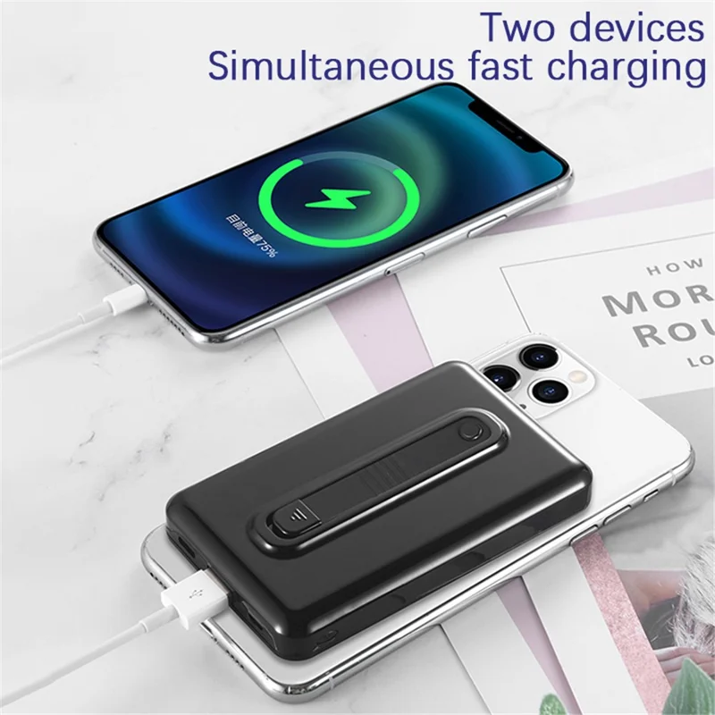 Magnetic Adsorption 15W Phone Wireless Charger Pad Ring Bracket Design 6000mAh Power Bank for iPhone 12 Series - Black