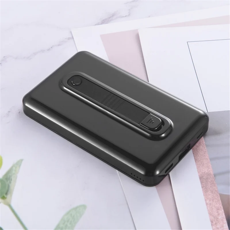 Magnetic Adsorption 15W Phone Wireless Charger Pad Ring Bracket Design 6000mAh Power Bank for iPhone 12 Series - Black
